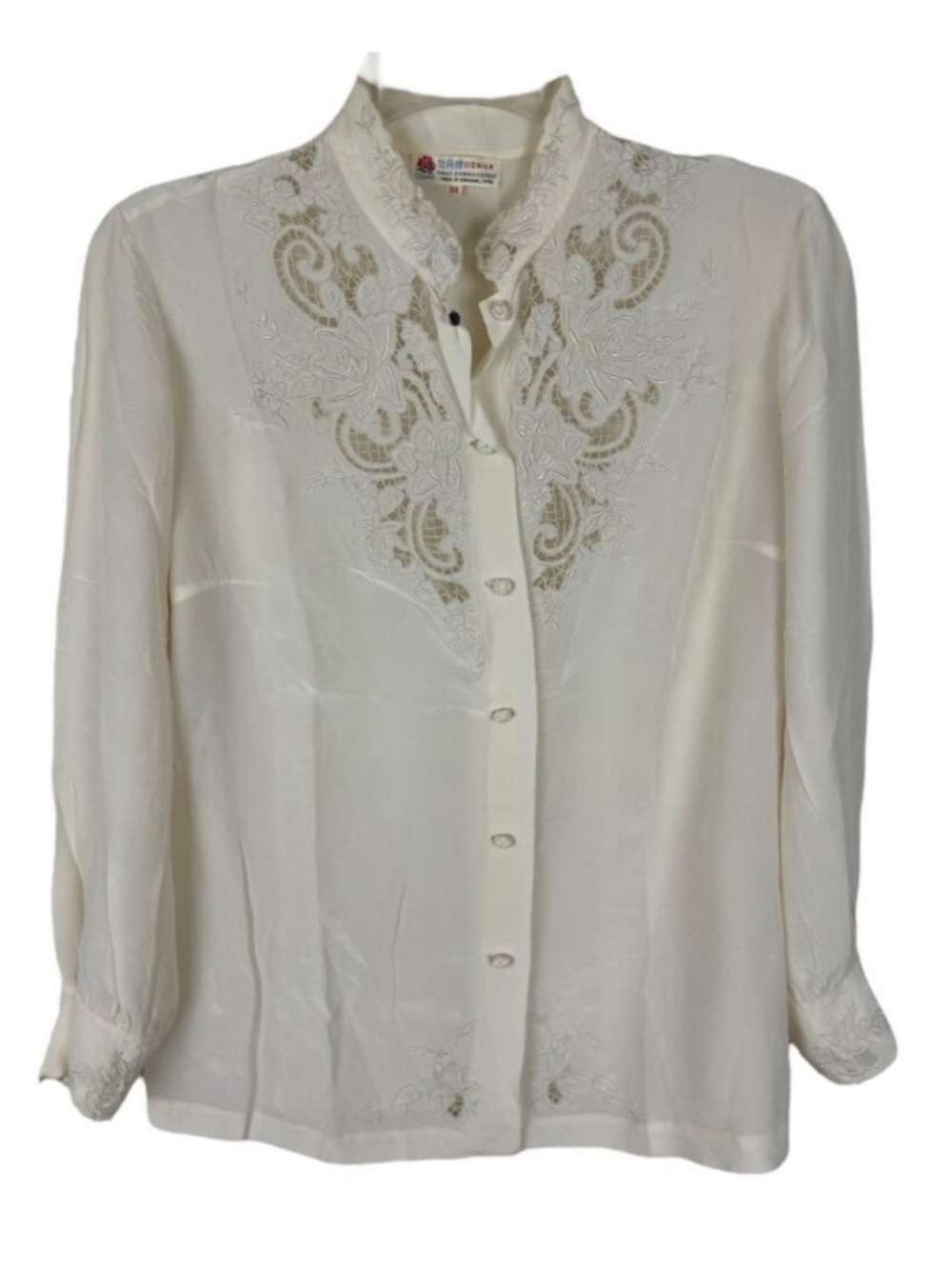 Vintage Ivory Embroidered Button-Down Silk Blouse